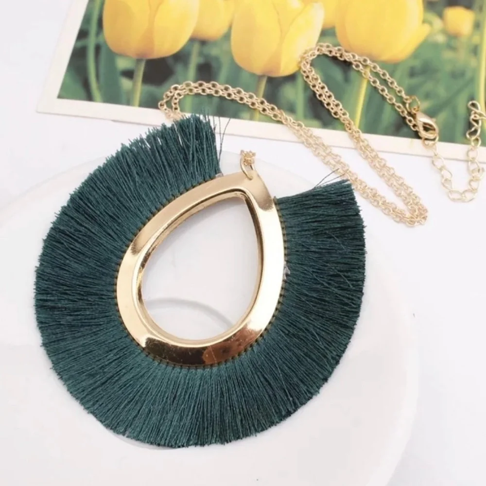 New Vintage Style Ethnic Green Tassel Boho 9k Gold Choker Statement Necklace - Picture 3 of 9
